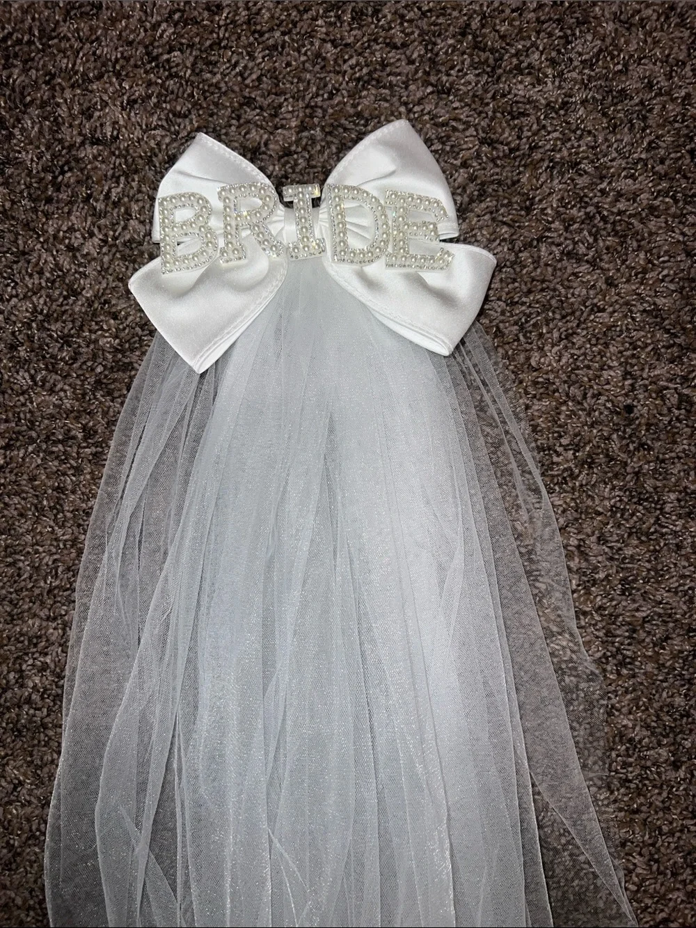 White Bridal Veil Hair Bow with Rhinestone 'BRIDE' Accent